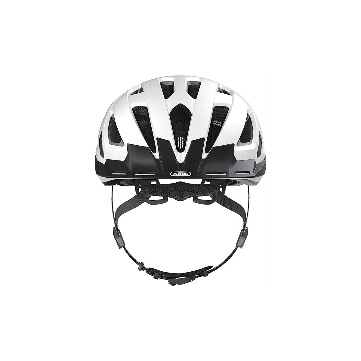 Casque de vélo blanc et noir. Le logo ABUS est visible.