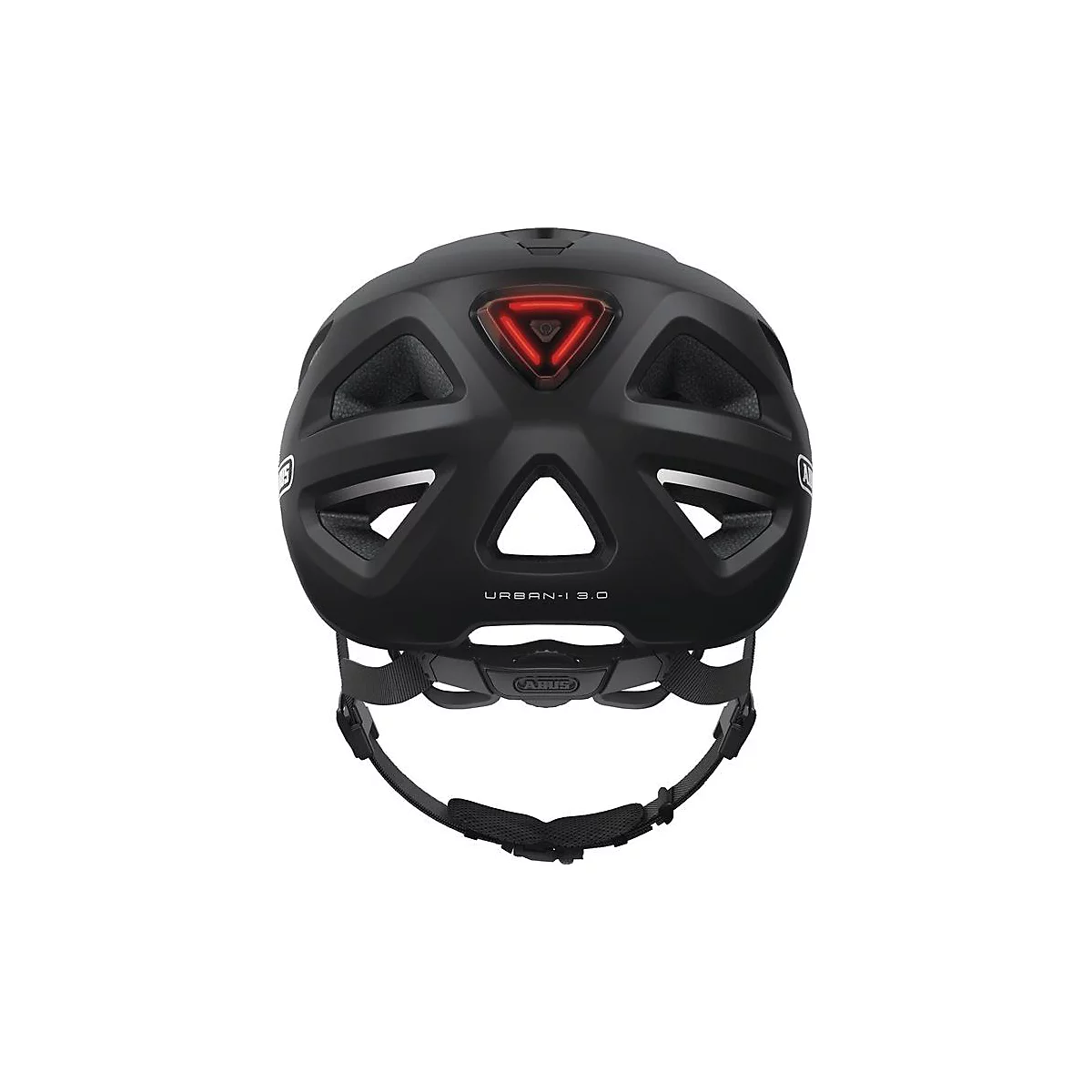 Casque de vélo noir avec feu arrière rouge et inscription URBAN-I 3.0. Vue détaillée du dos.