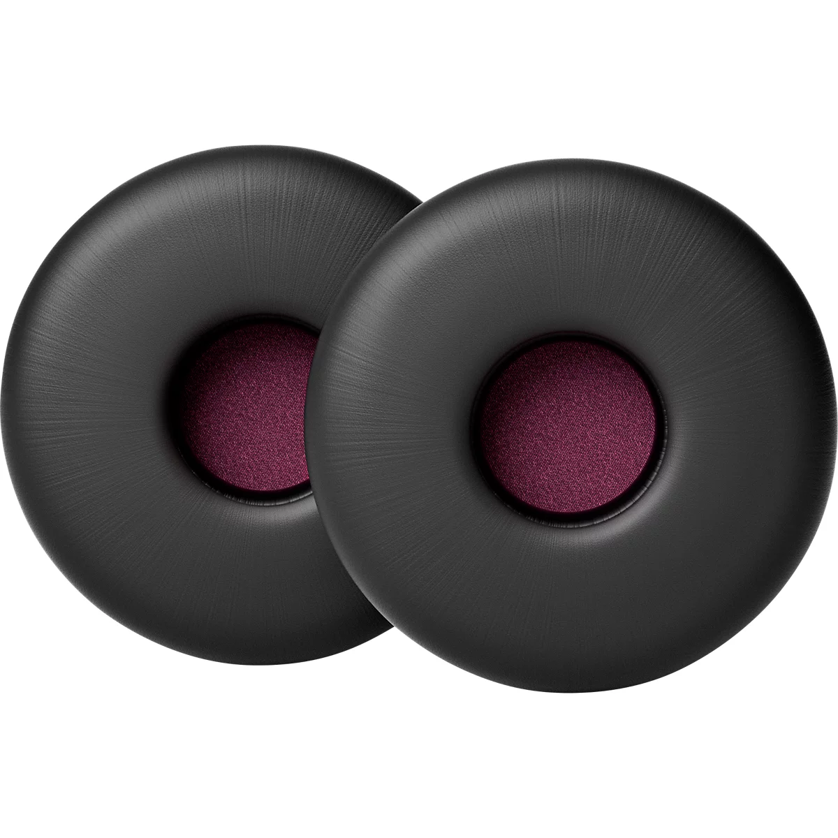 Deux coussinets d'oreille ronds noirs pour casque avec doublure intérieure bordeaux. Ils sont légèrement décalés, montrant des détails des coussinets.