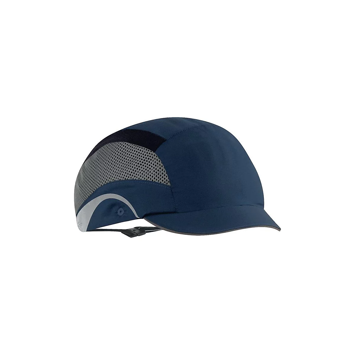 Casquette bleu foncé avec visière et réflecteurs. Insert en mesh sur le côté pour la respirabilité.