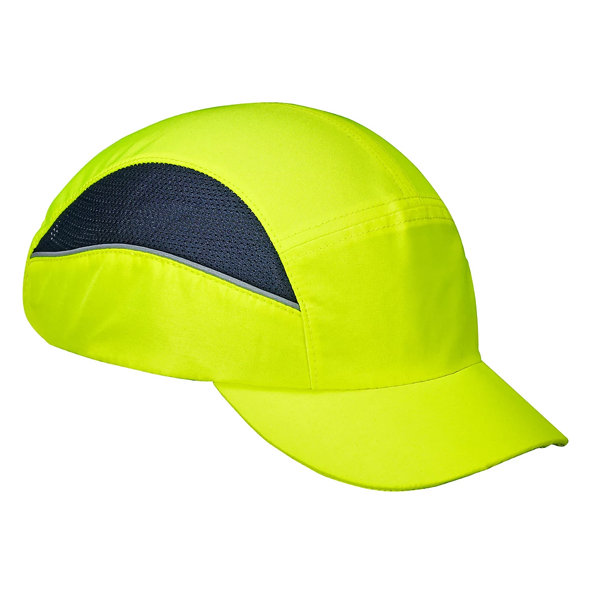 Casquette de sécurité jaune avec insert en maille bleue.