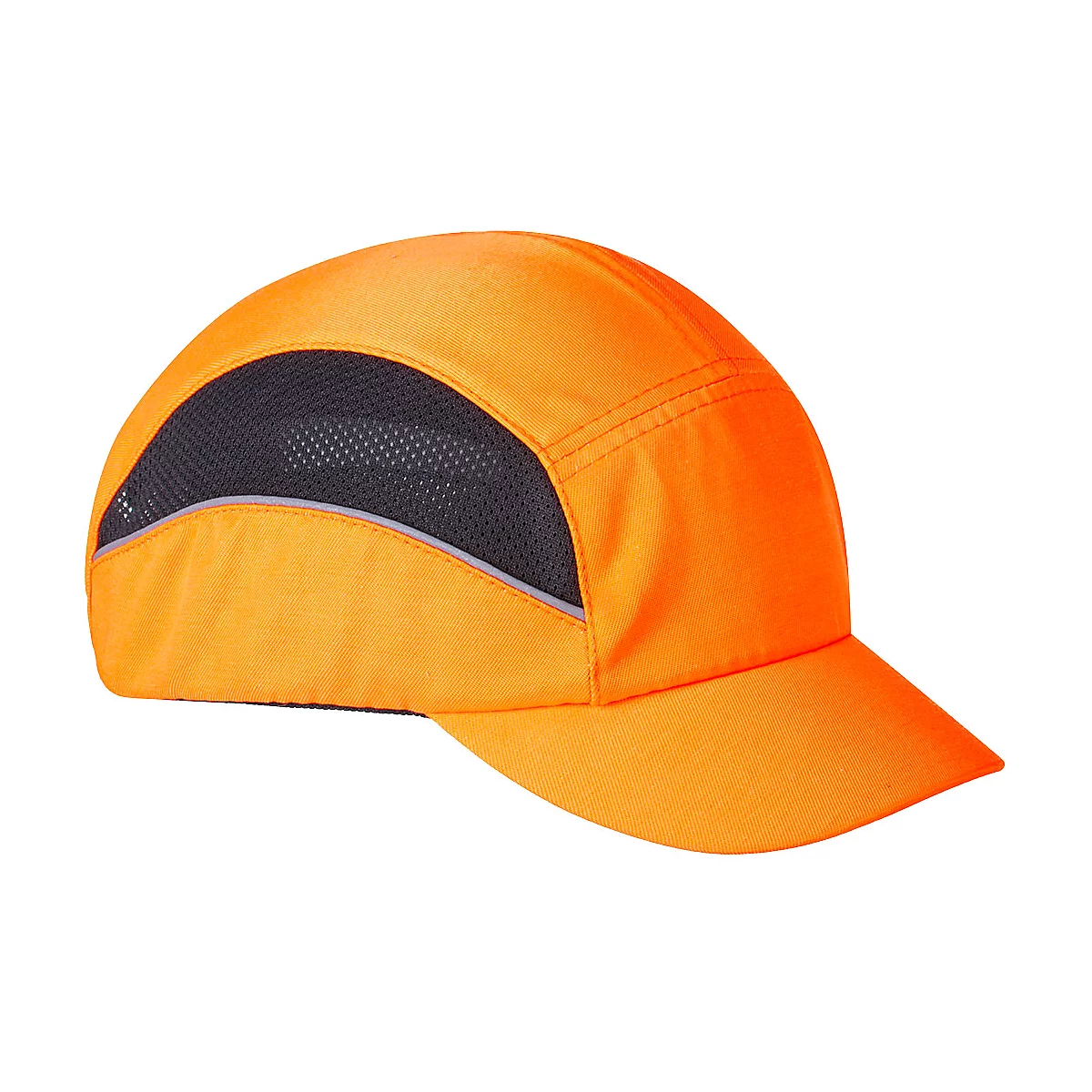 Casquette de baseball orange avec un insert en maille noire. Détails réfléchissants sur le bord. Vue latérale.