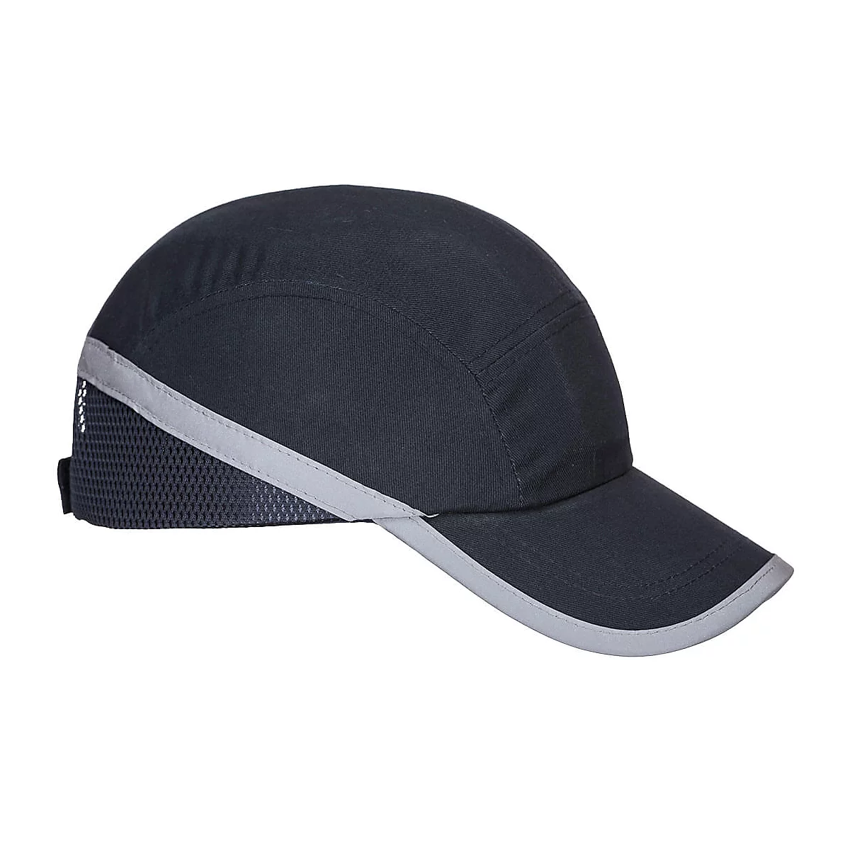 Casquette de sport bleu foncé avec bord gris et bande réfléchissante.