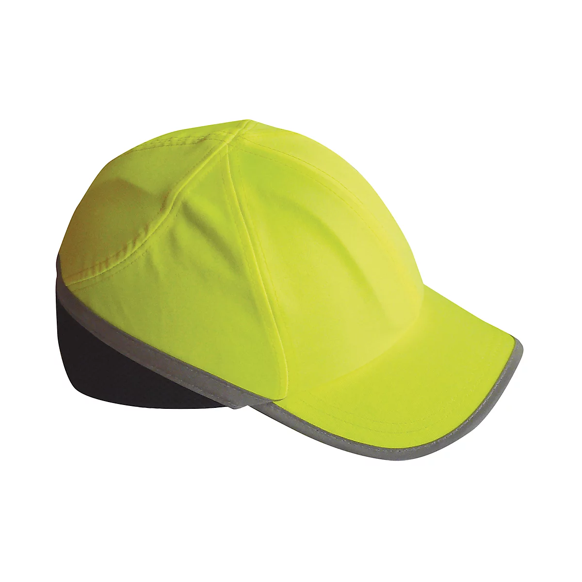 Casquette jaune avec protection auditive noire et bande réfléchissante grise.