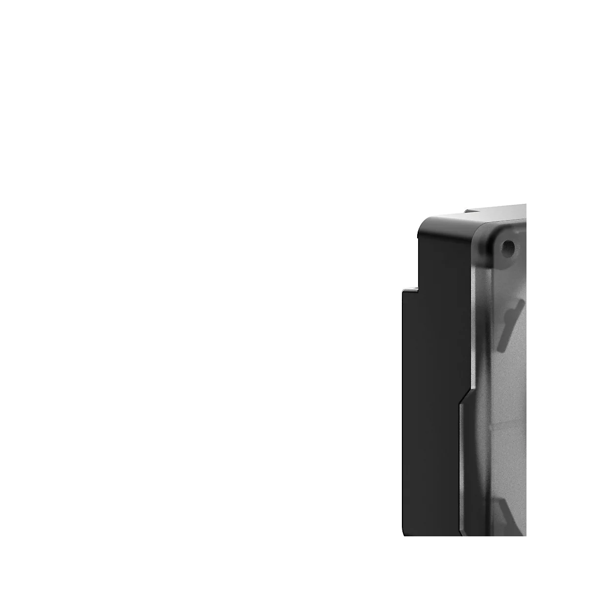 Gros plan d'un boîtier rectangulaire noir aux bords arrondis. Un panneau transparent se trouve sur le côté droit.