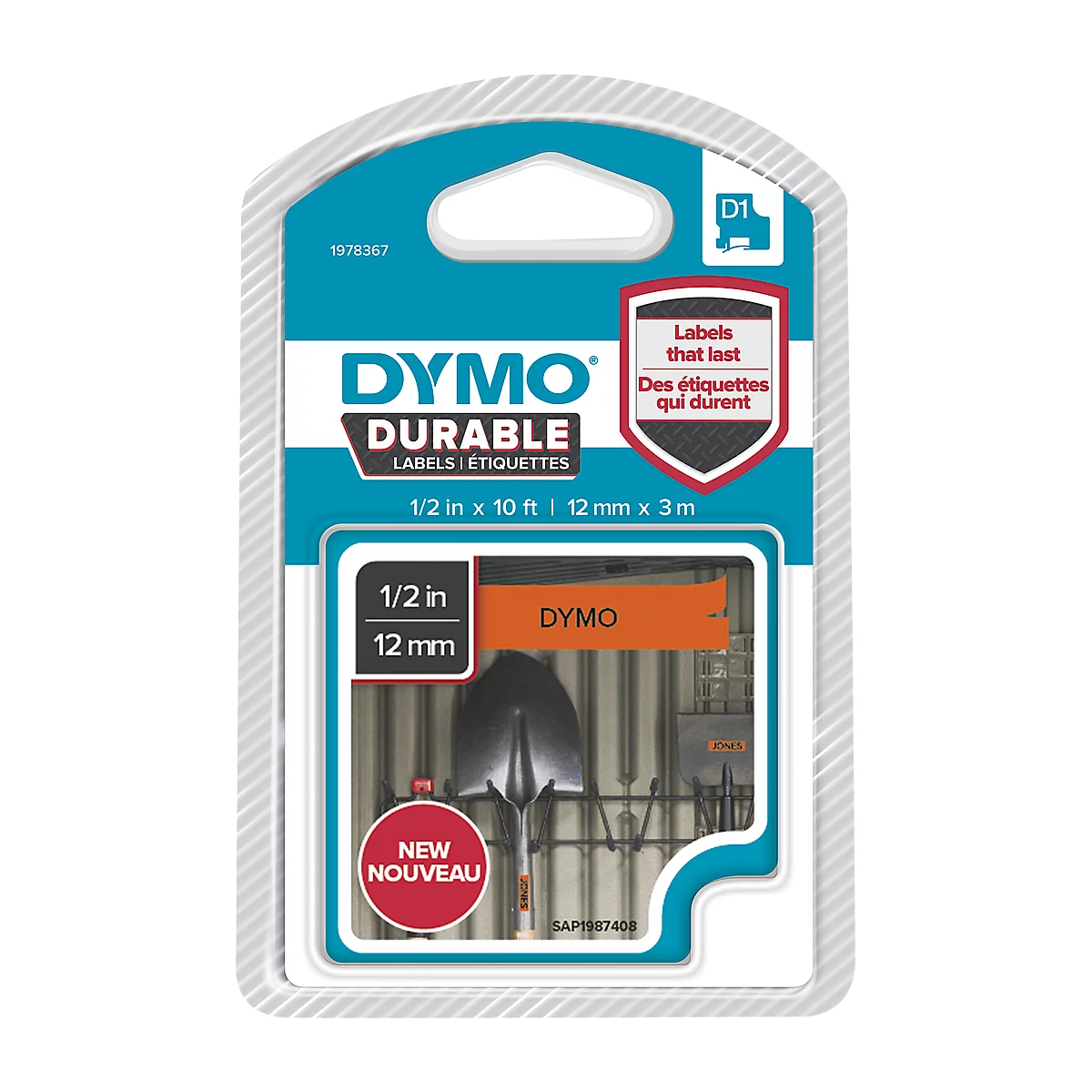 Emballage d'étiquettes DYMO Durable. Emballage bleu et blanc avec étiquette orange, texte : DYMO, DURABLE. Ci-dessous, une bêche est représentée.