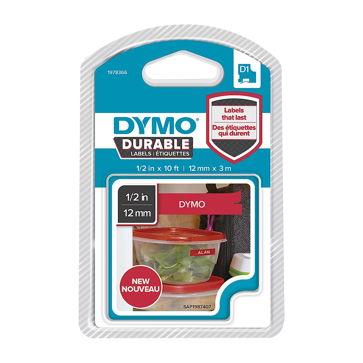 Emballage avec étiquettes DYMO Durable. L'image montre des exemples de contenants étiquetés.