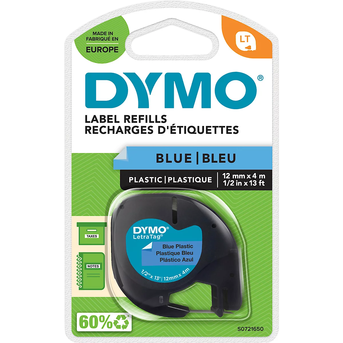 Cassette de ruban pour titreuses Letra Tag DYMO®, plastique, 12 mm, bleu