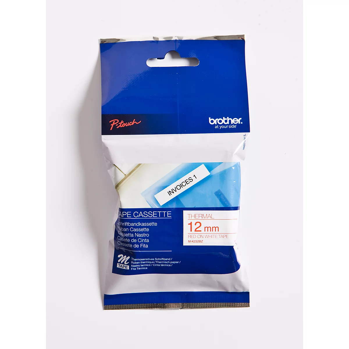 Cassette de ruban pour titreuses M K 232 Brother, 12 mm, blanc/rouge