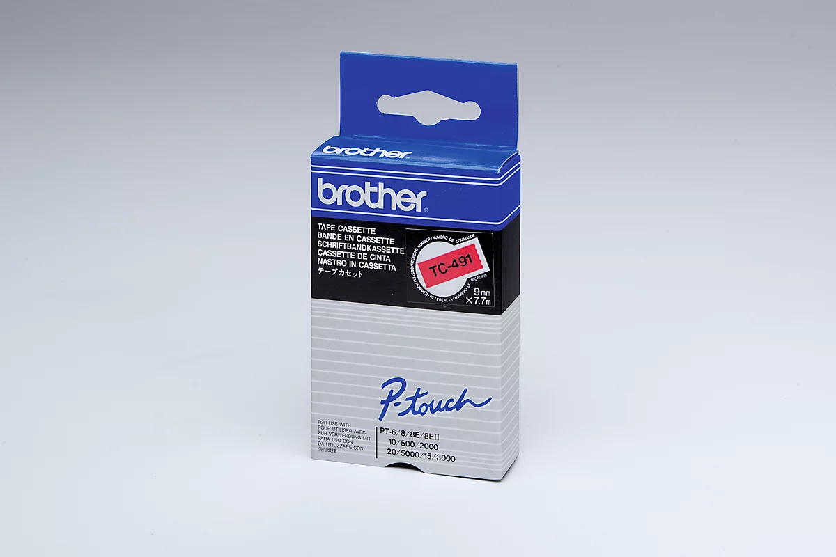 Cassette de ruban pour titreuses TC-491 Brother, 9 mm de largeur, rouge/noir