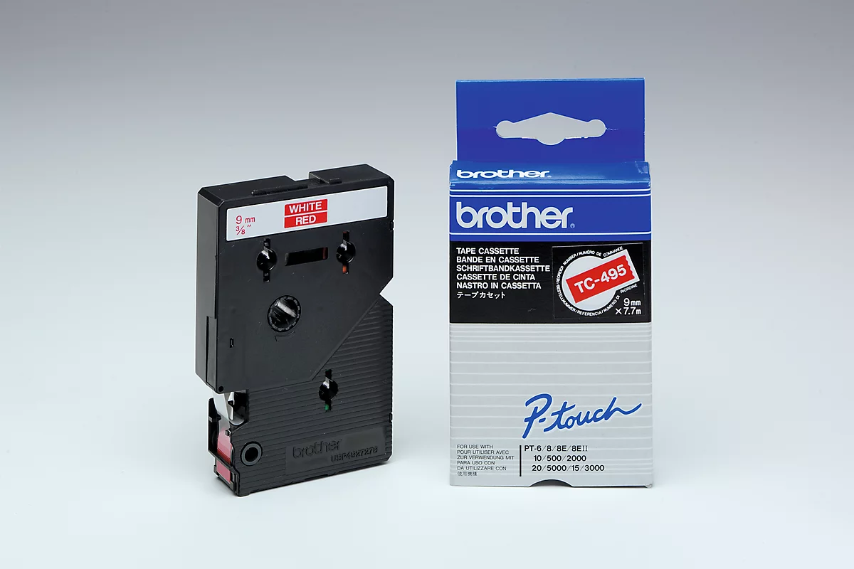Cassette de ruban pour titreuses TC-495 Brother, 9 mm de largeur, rouge/blanc