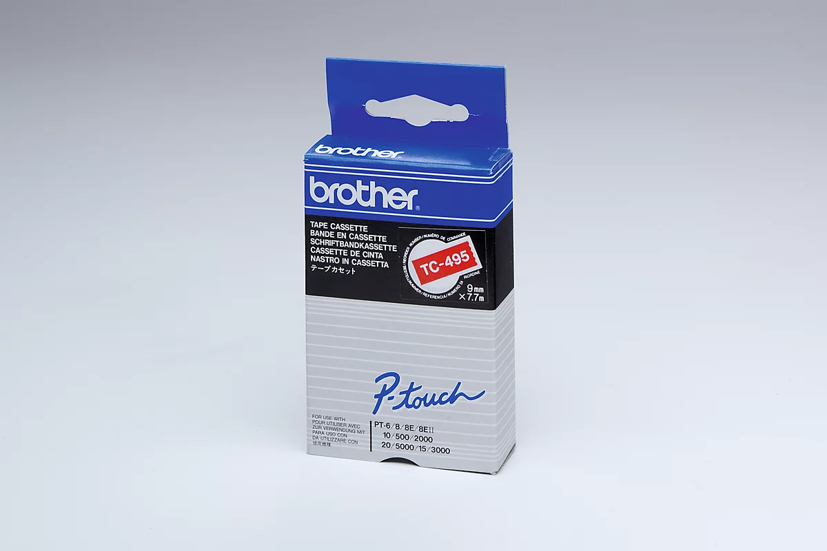 Cassette de ruban pour titreuses TC-495 Brother, 9 mm de largeur, rouge/blanc