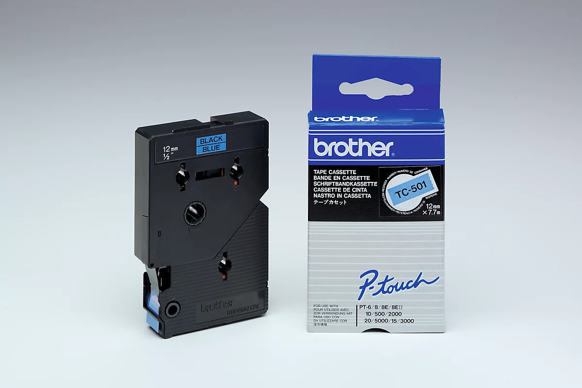 Cassette de ruban pour titreuses TC-501 Brother, 12 mm de largeur, bleu/noir