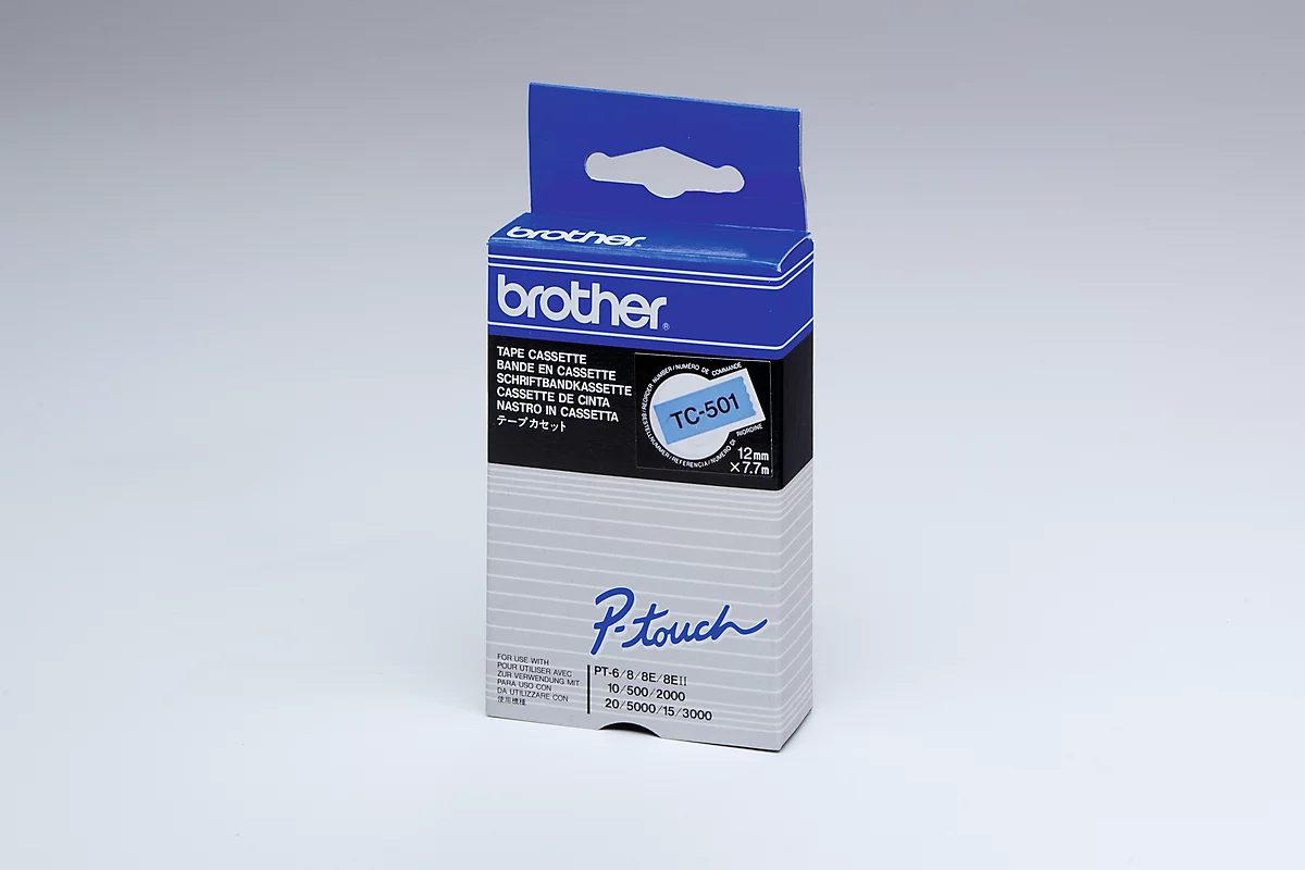 Cassette de ruban pour titreuses TC-501 Brother, 12 mm de largeur, bleu/noir
