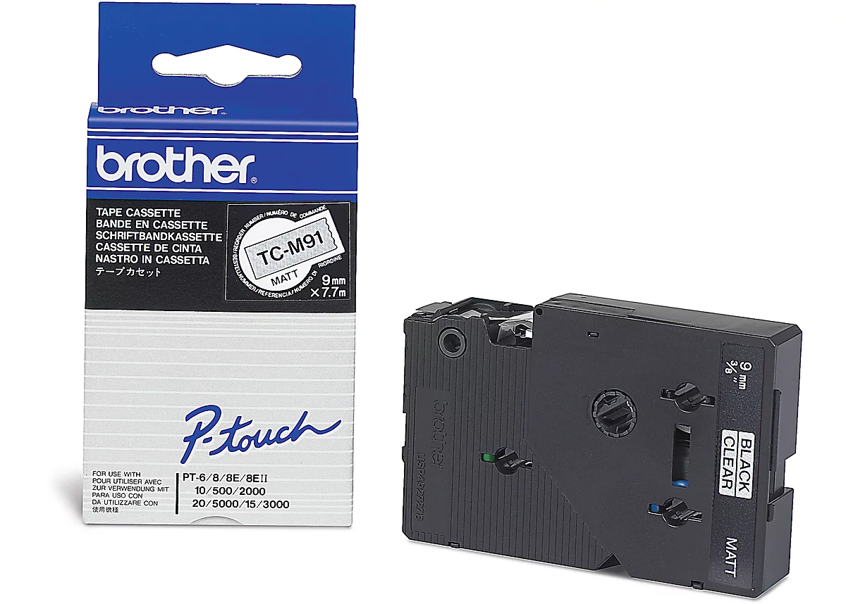 Cassette de ruban pour titreuses TC-M91 Brother, 9 mm de largeur, incolore mat/noir