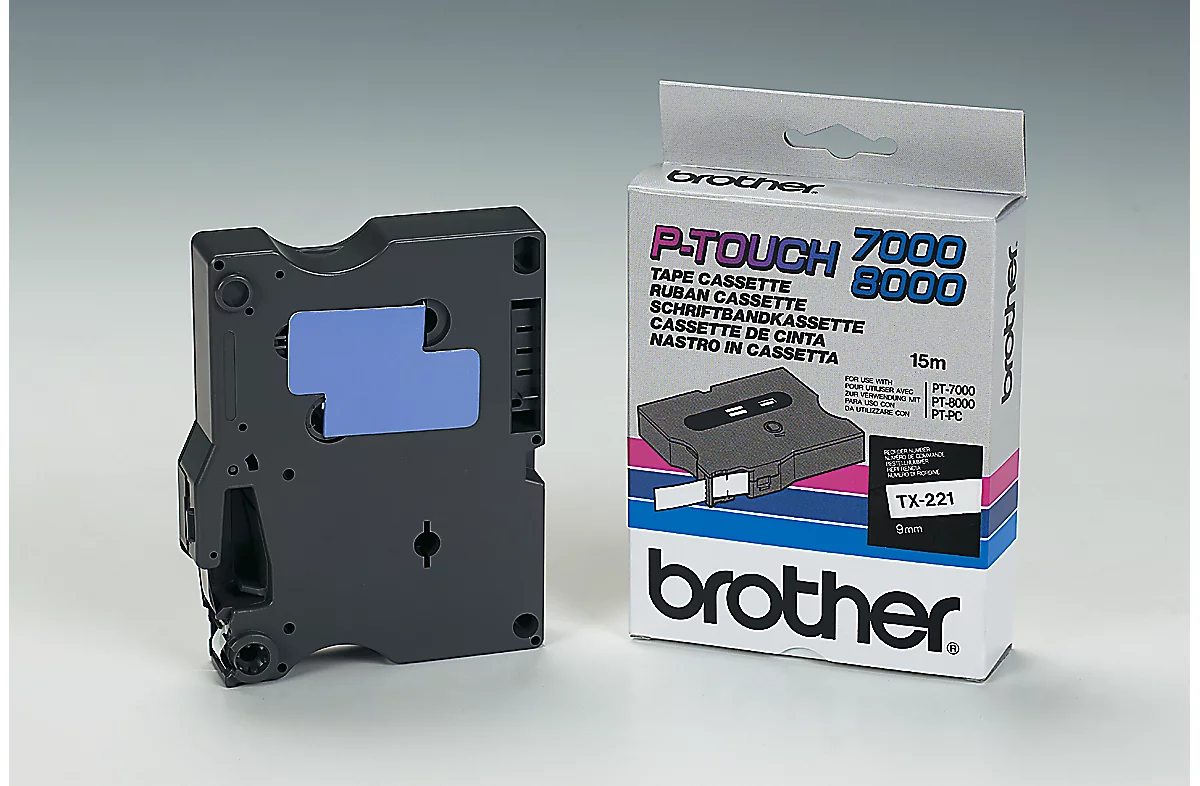 Cassette de ruban pour titreuses TX-221 Brother, 9 mm de largeur, blanc/noir