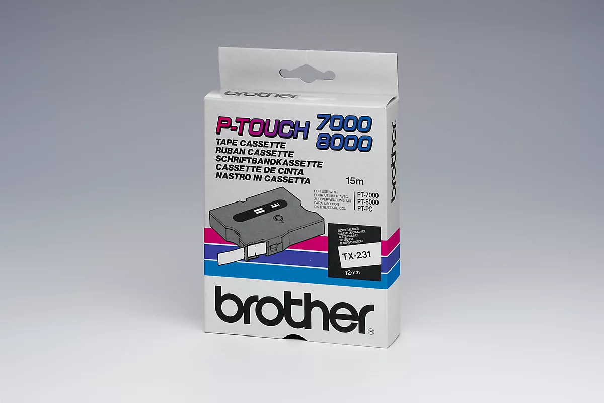 Cassette de ruban pour titreuses TX-231 Brother, 12 mm de largeur, blanc/noir