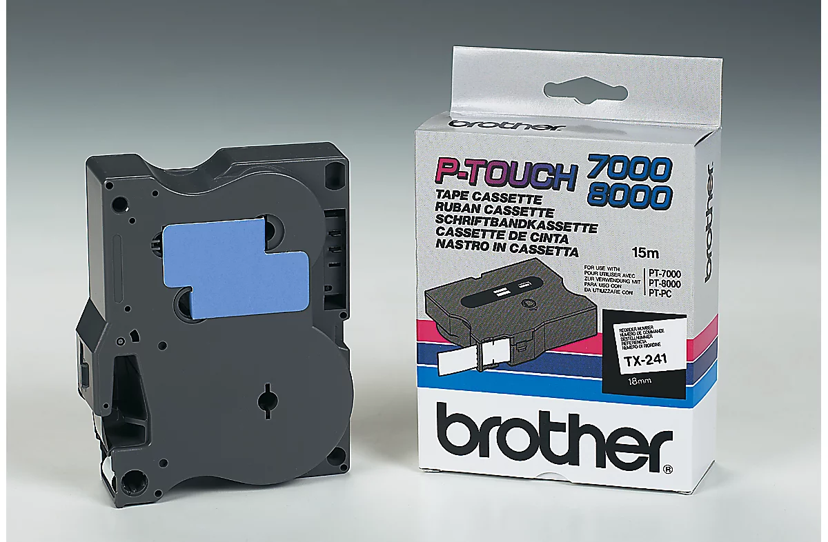 Cassette de ruban pour titreuses TX-241 Brother, 18 mm de largeur, blanc/noir