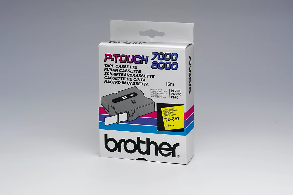 Cassette de ruban pour titreuses TX-651 Brother, 24 mm de large, jaune/noir