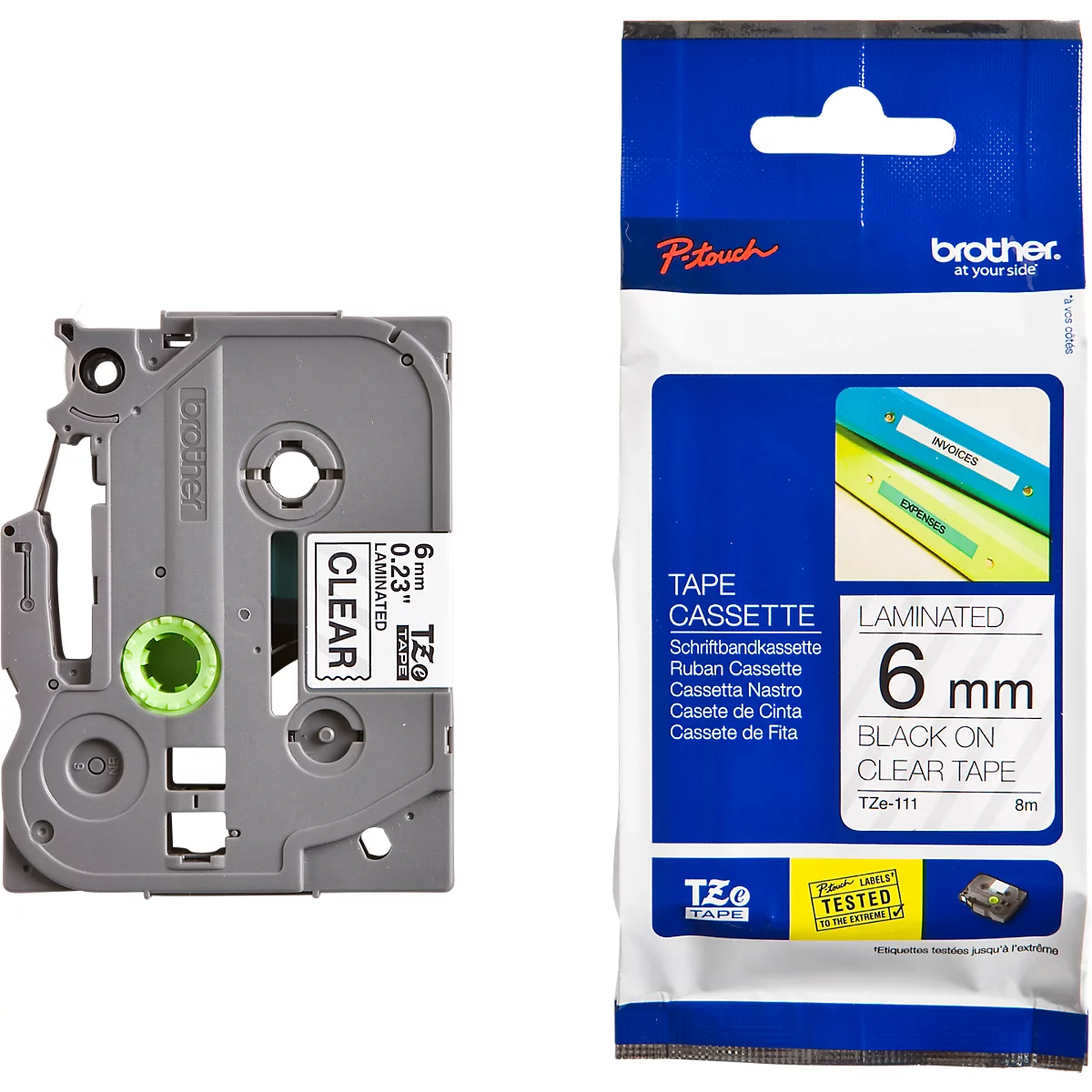 Cassette de ruban pour titreuses TZe-111 Brother, 6 mm de largeur, incolore/noir