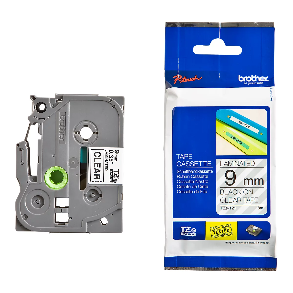 Cassette de ruban pour titreuses TZe-121 Brother, 9 mm de largeur, incolore/noir