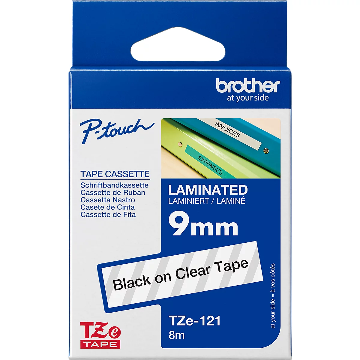 Cassette de ruban pour titreuses TZe-121 Brother, 9 mm de largeur, incolore/noir