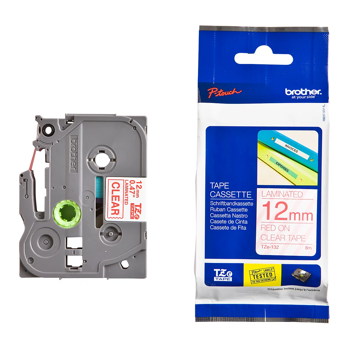 Cassette de ruban pour titreuses TZe-132 Brother, 12 mm de largeur, incolore/rouge