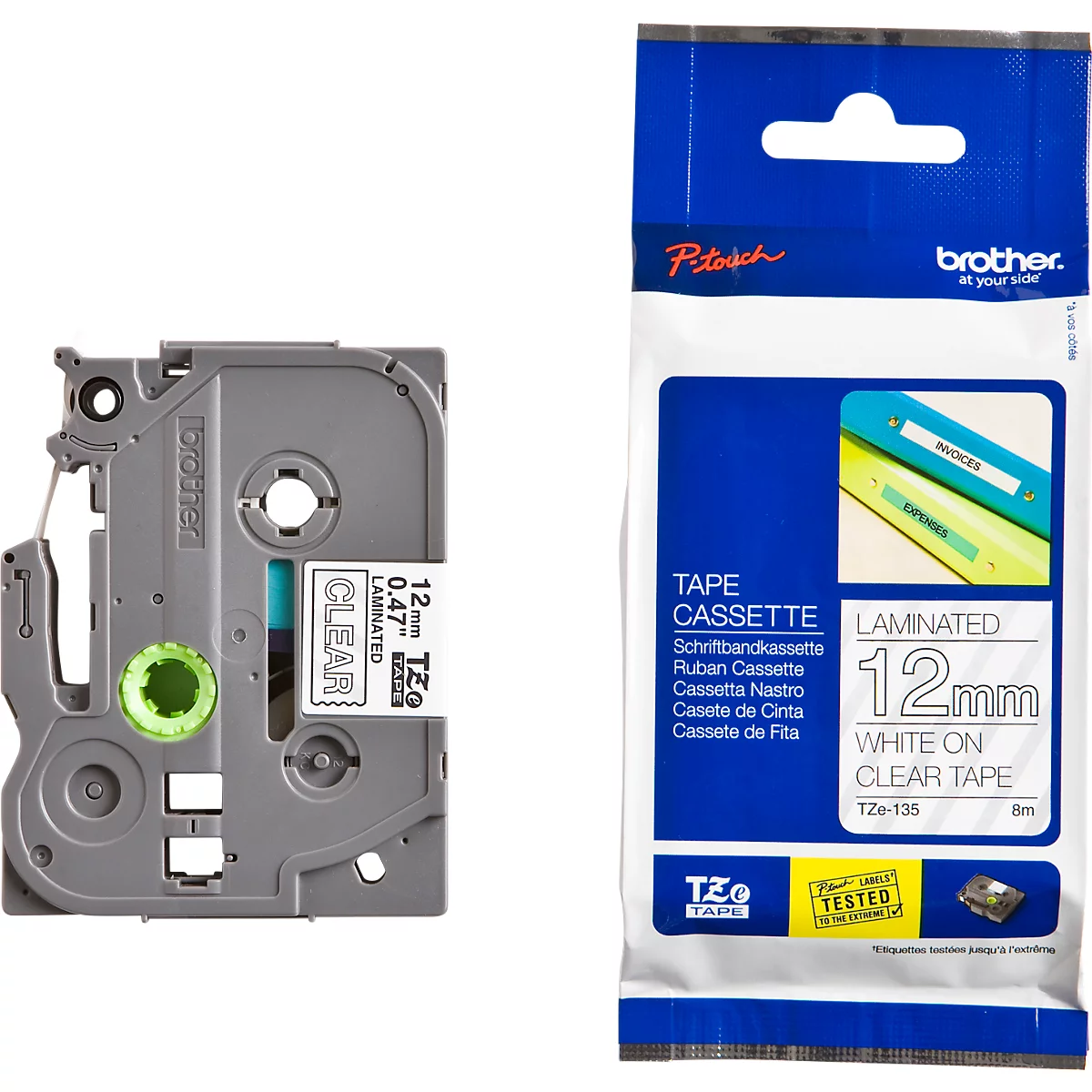Cassette de ruban pour titreuses TZe-135 Brother, 12 mm de largeur, incolore/blanc