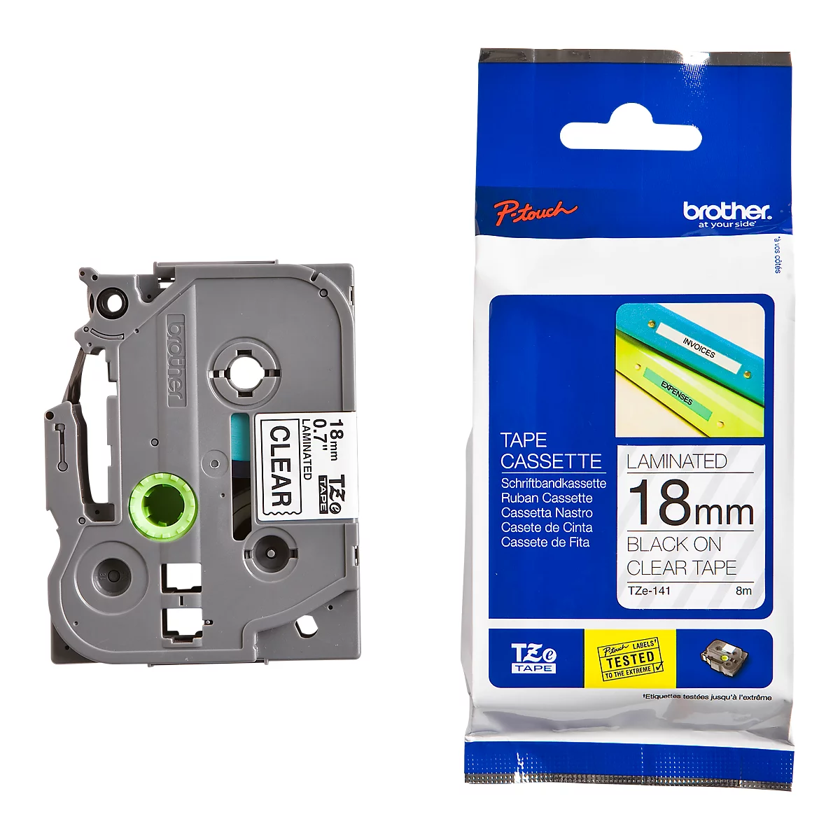 Cassette de ruban pour titreuses TZe-141 Brother, 18 mm de largeur, incolore/noir