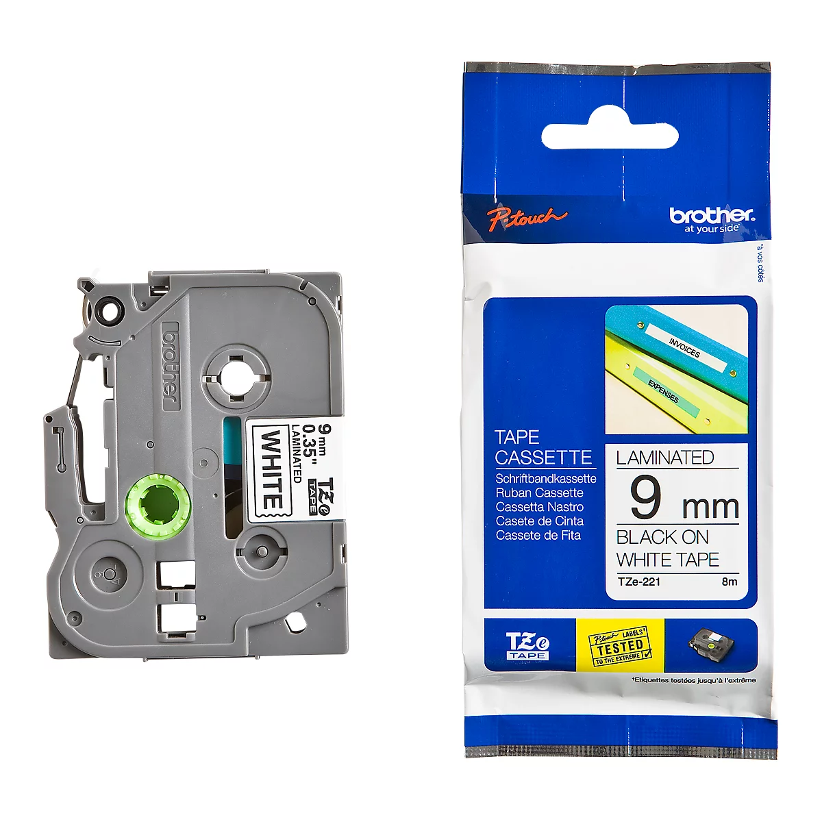 Cassette de ruban pour titreuses TZe-221 Brother, 9 mm de largeur, blanc/noir