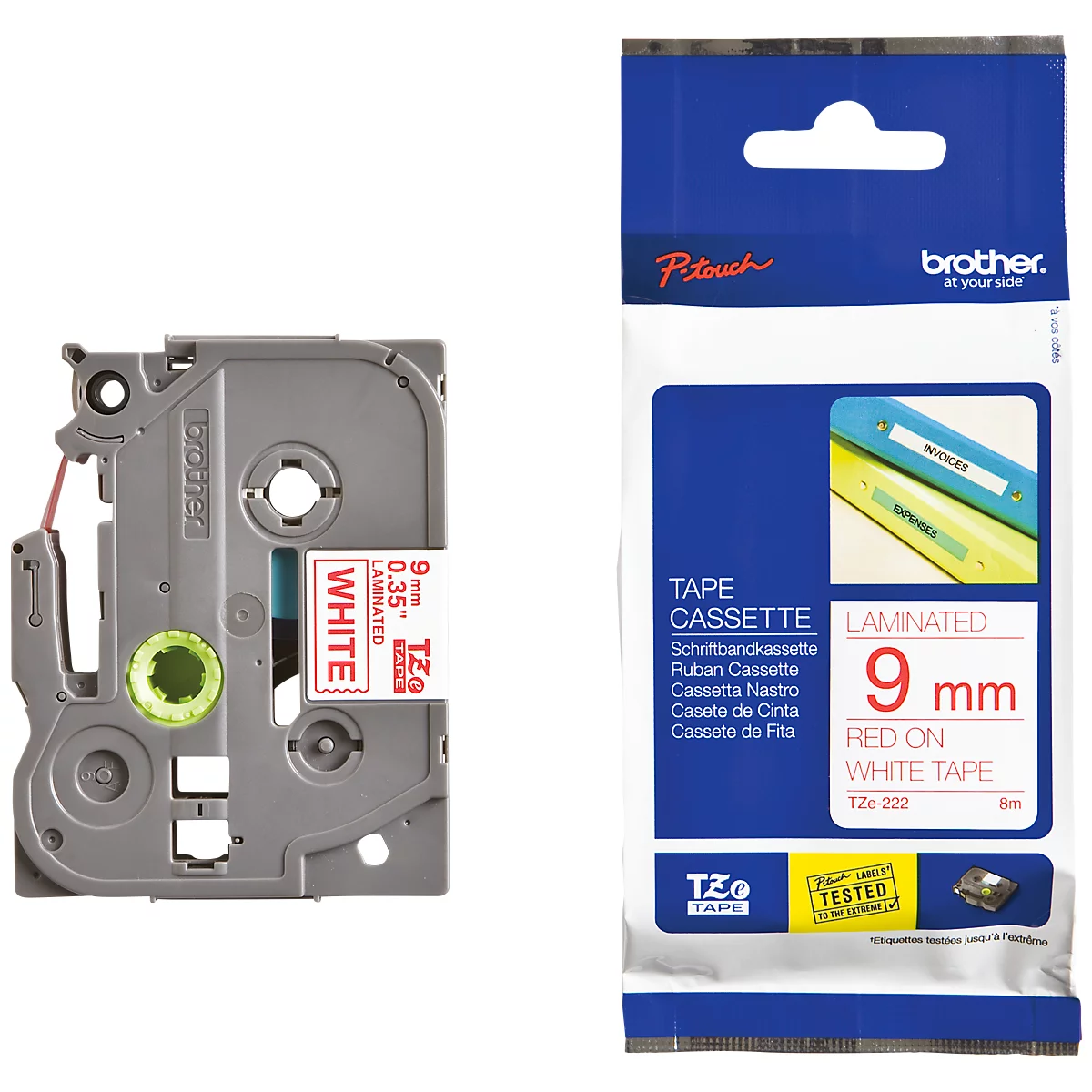 Cassette de ruban pour titreuses TZe-222 Brother, 9 mm de largeur, blanc/rouge