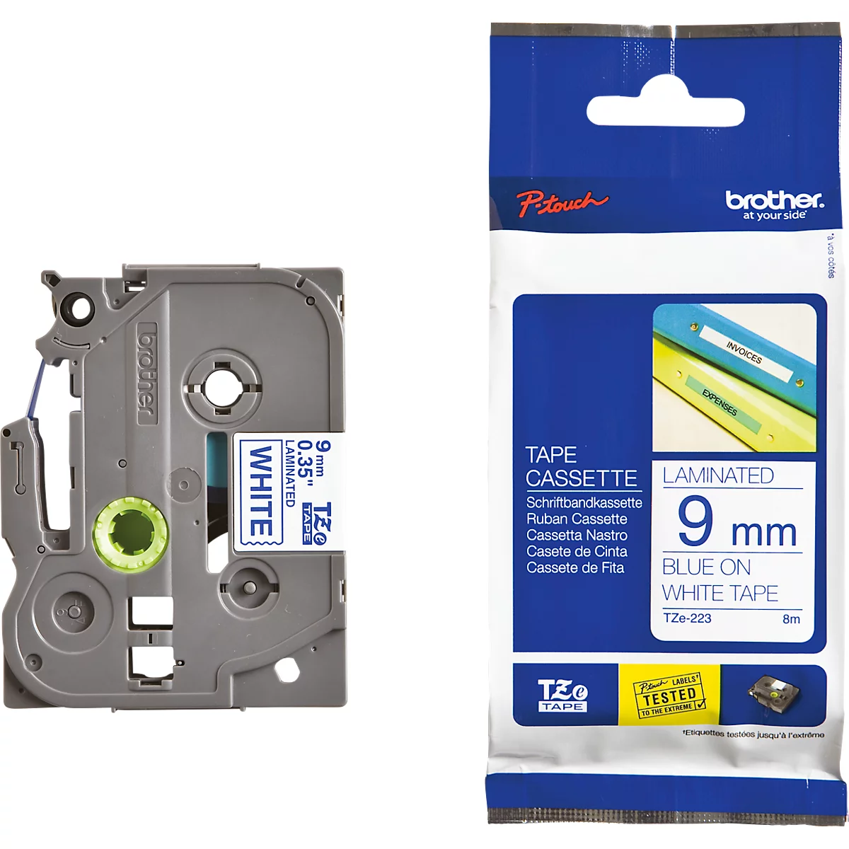Cassette de ruban pour titreuses TZe-223 Brother, 9 mm de largeur, blanc/bleu
