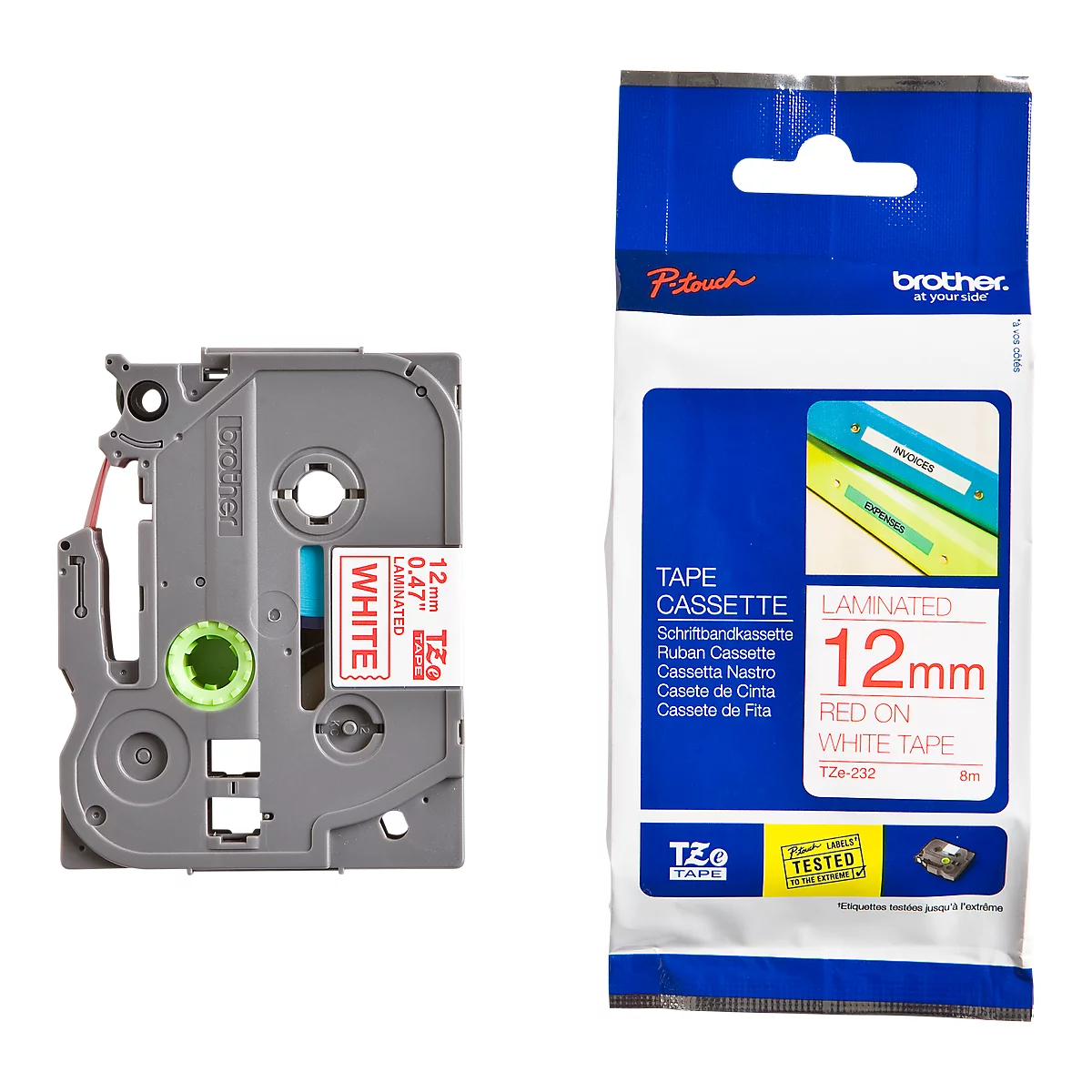 Cassette de ruban pour titreuses TZe-232 Brother, 12 mm de largeur, blanc/rouge