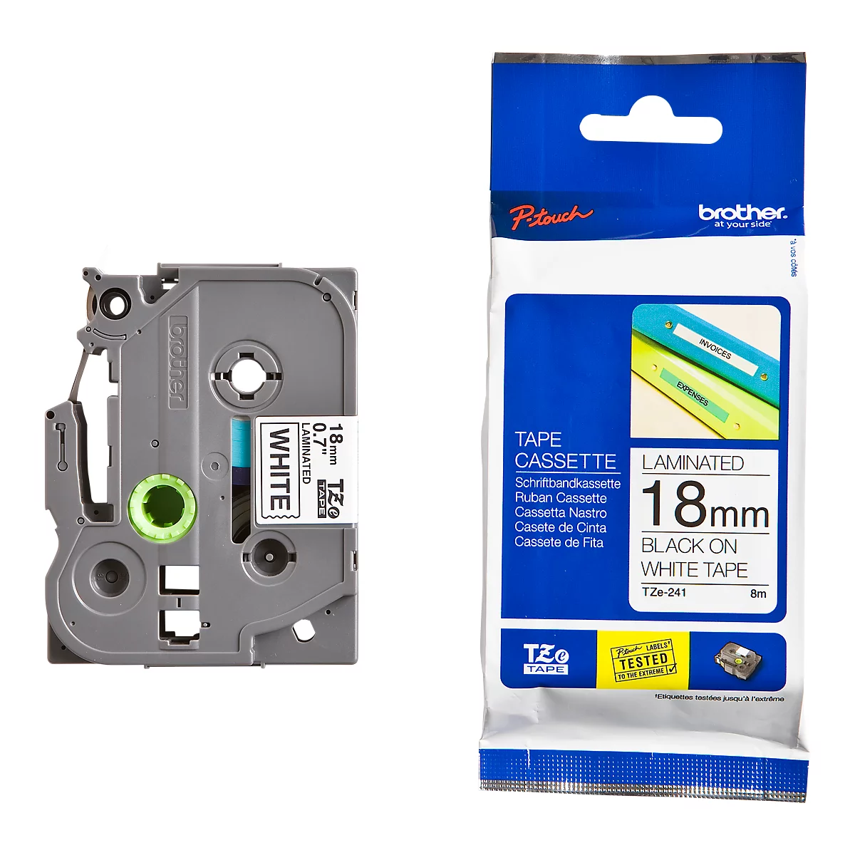 Cassette de ruban pour titreuses TZe-241 Brother, 18 mm de largeur, blanc/noir