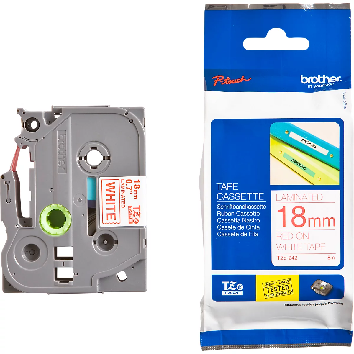Cassette de ruban pour titreuses TZe-242 Brother, 18 mm de largeur, blanc/rouge