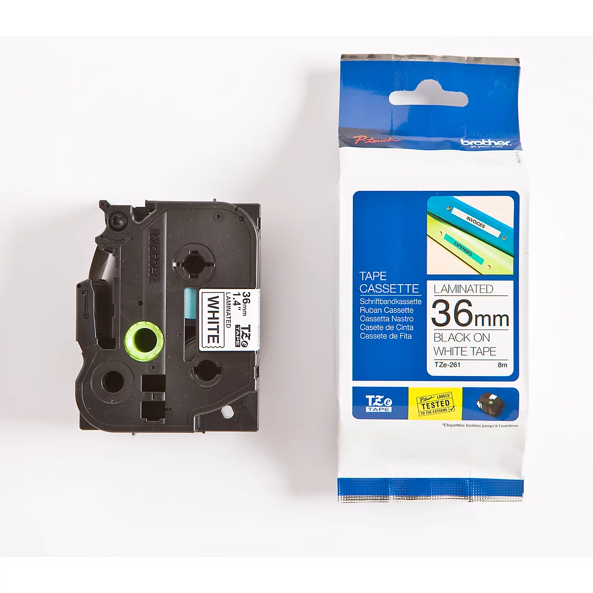Cassette de ruban pour titreuses TZe-261 Brother, 36 mm, blanc/noir