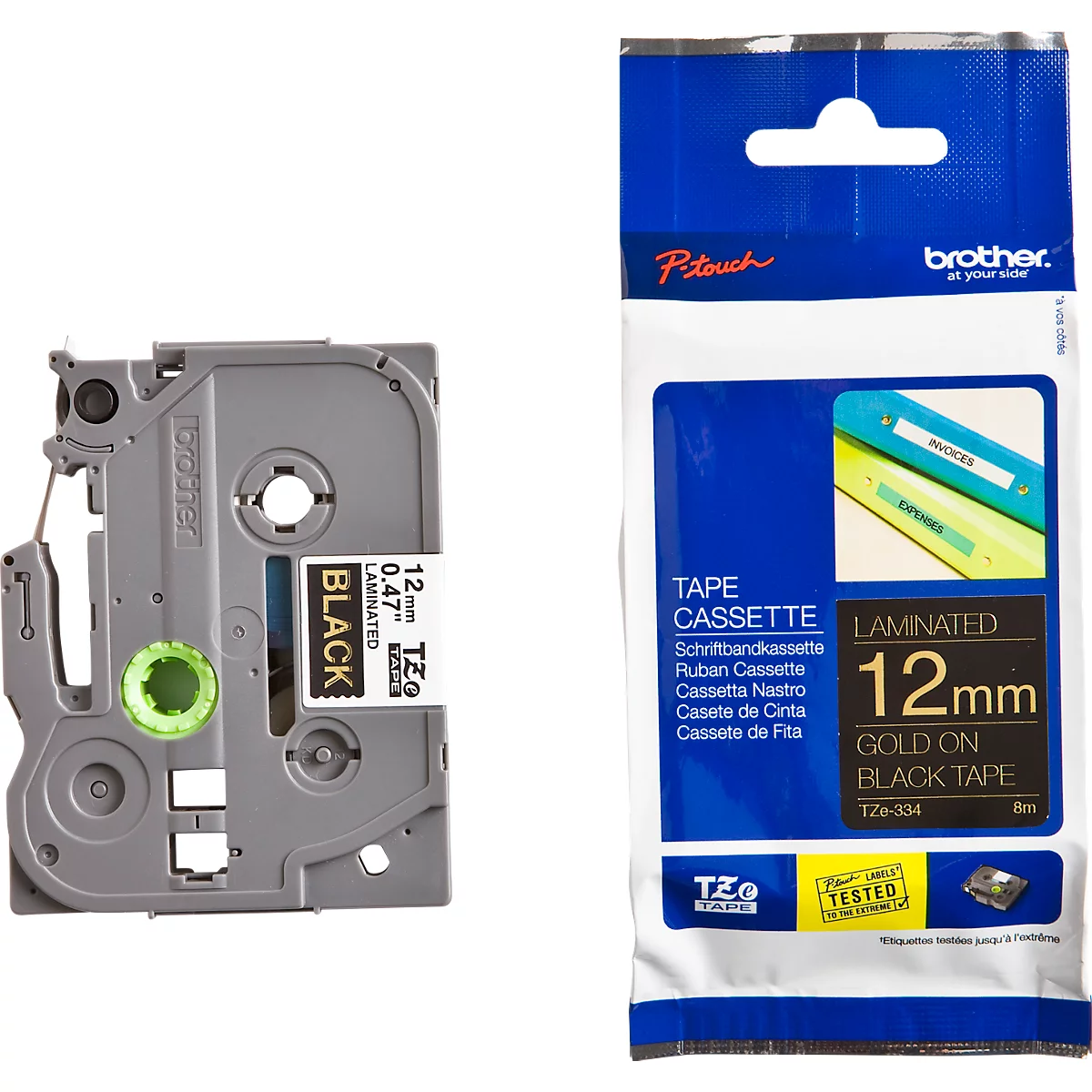 Cassette de ruban pour titreuses TZe-334 Brother, 12 mm de largeur, noir/doré