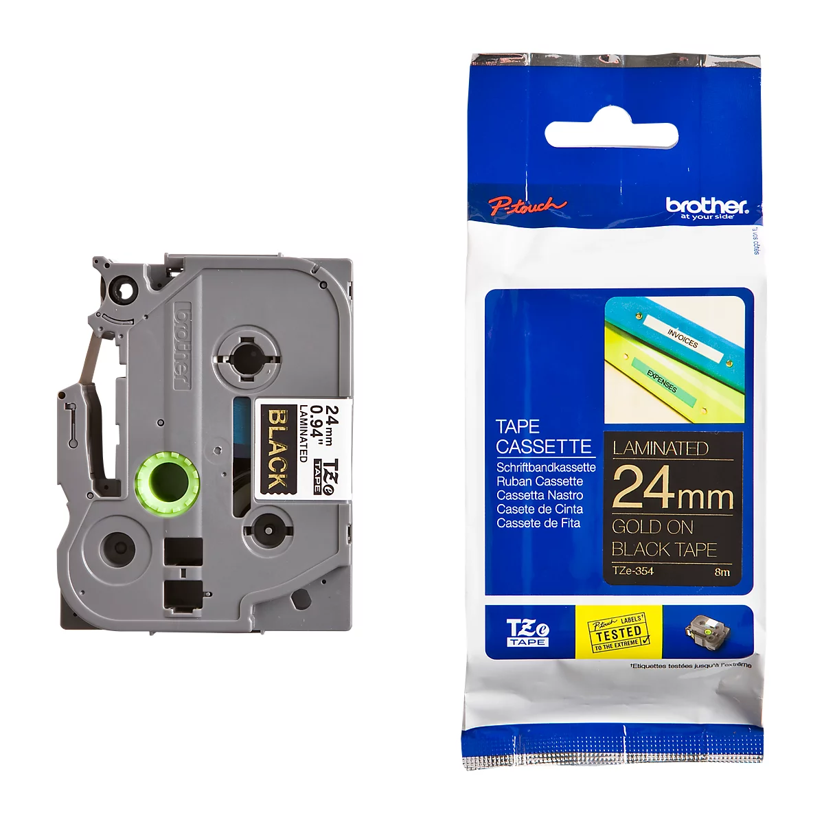 Cassette de ruban pour titreuses TZe-354 Brother, 24 mm, noir/doré