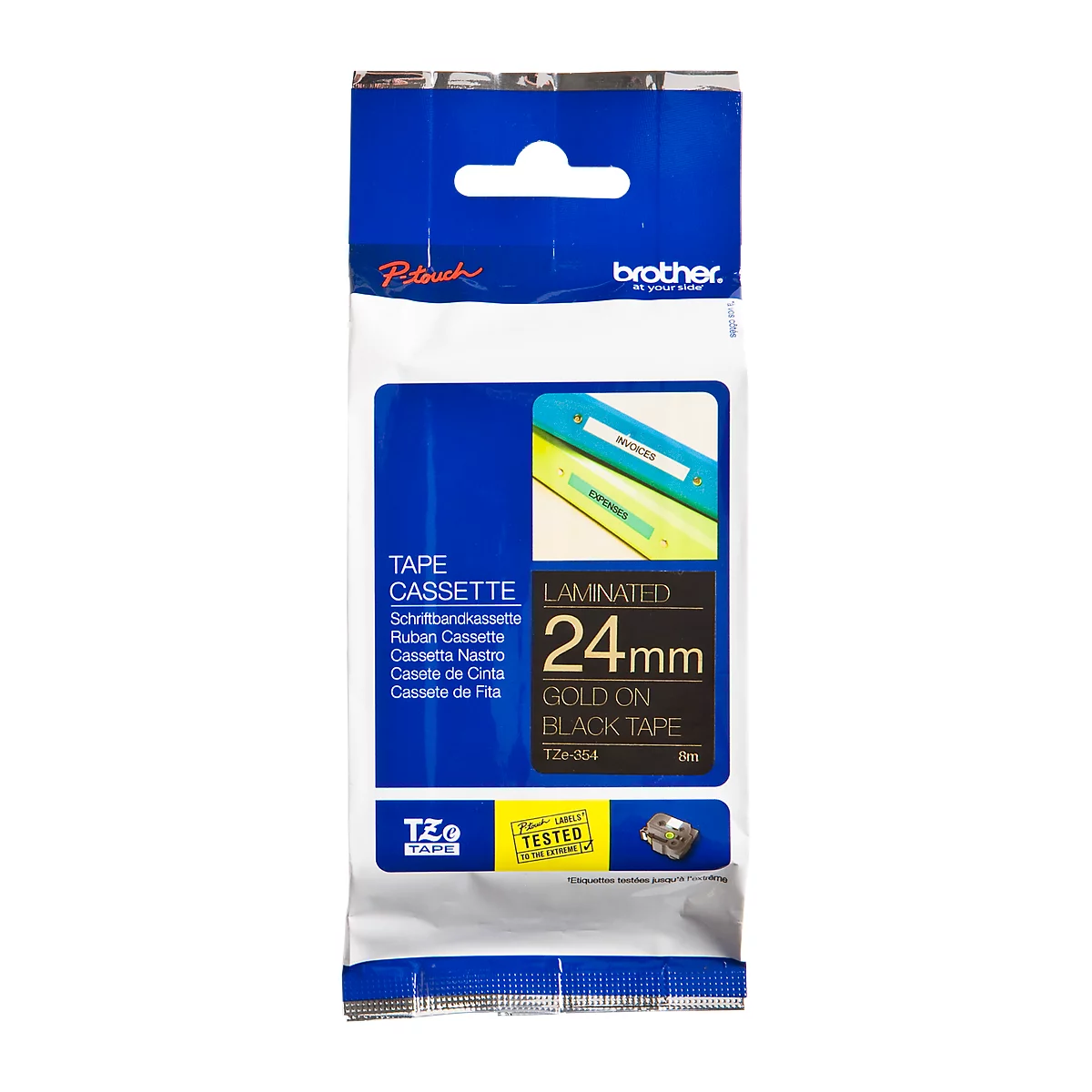 Cassette de ruban pour titreuses TZe-354 Brother, 24 mm, noir/doré