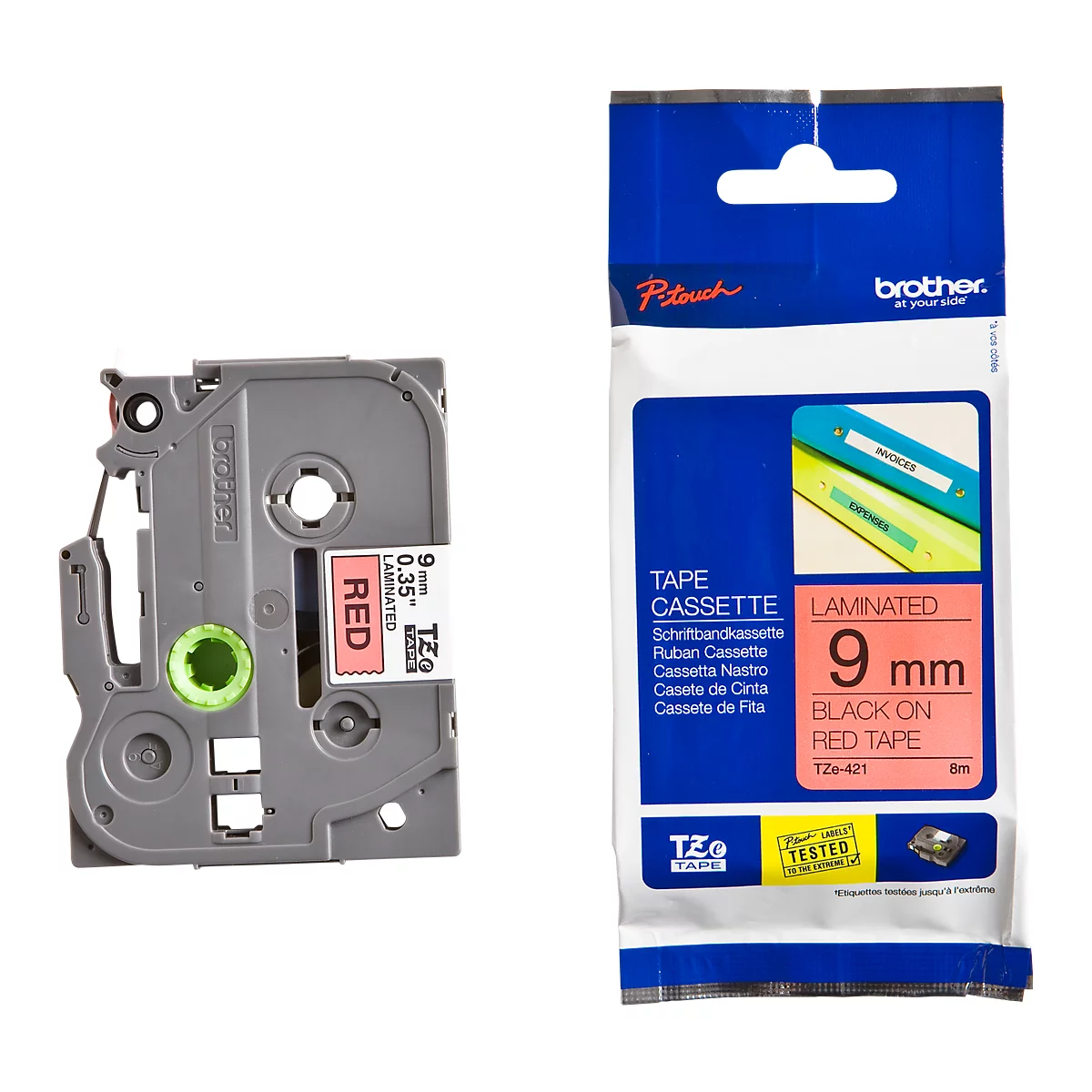 Cassette de ruban pour titreuses TZe-421 Brother, 9 mm de largeur, rouge/noir