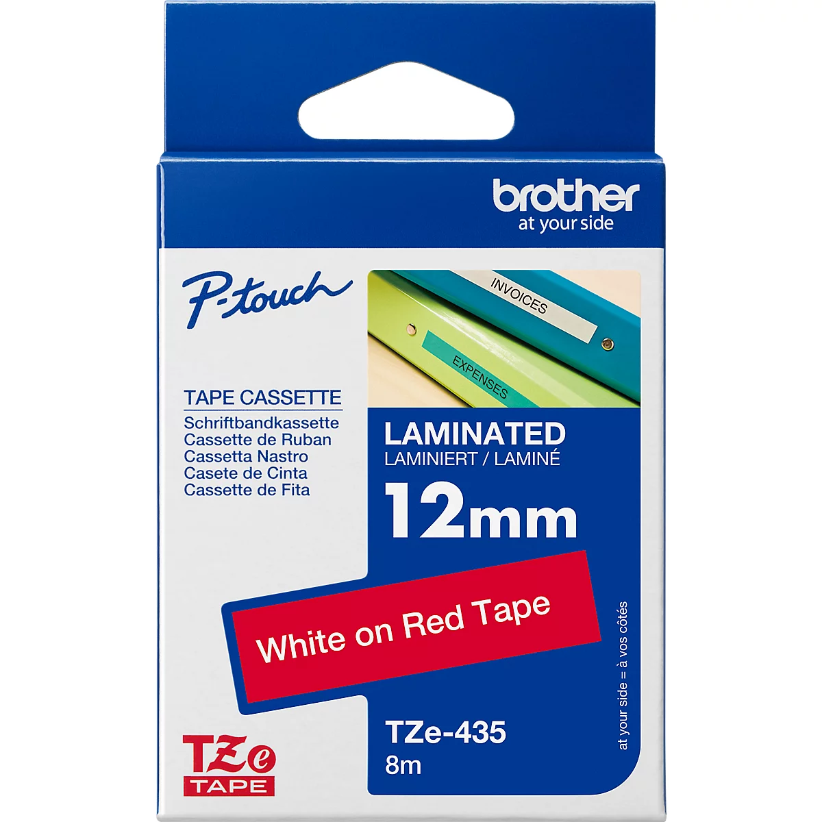 Cassette de ruban pour titreuses TZe-435 Brother, 12 mm de largeur, rouge/blanc