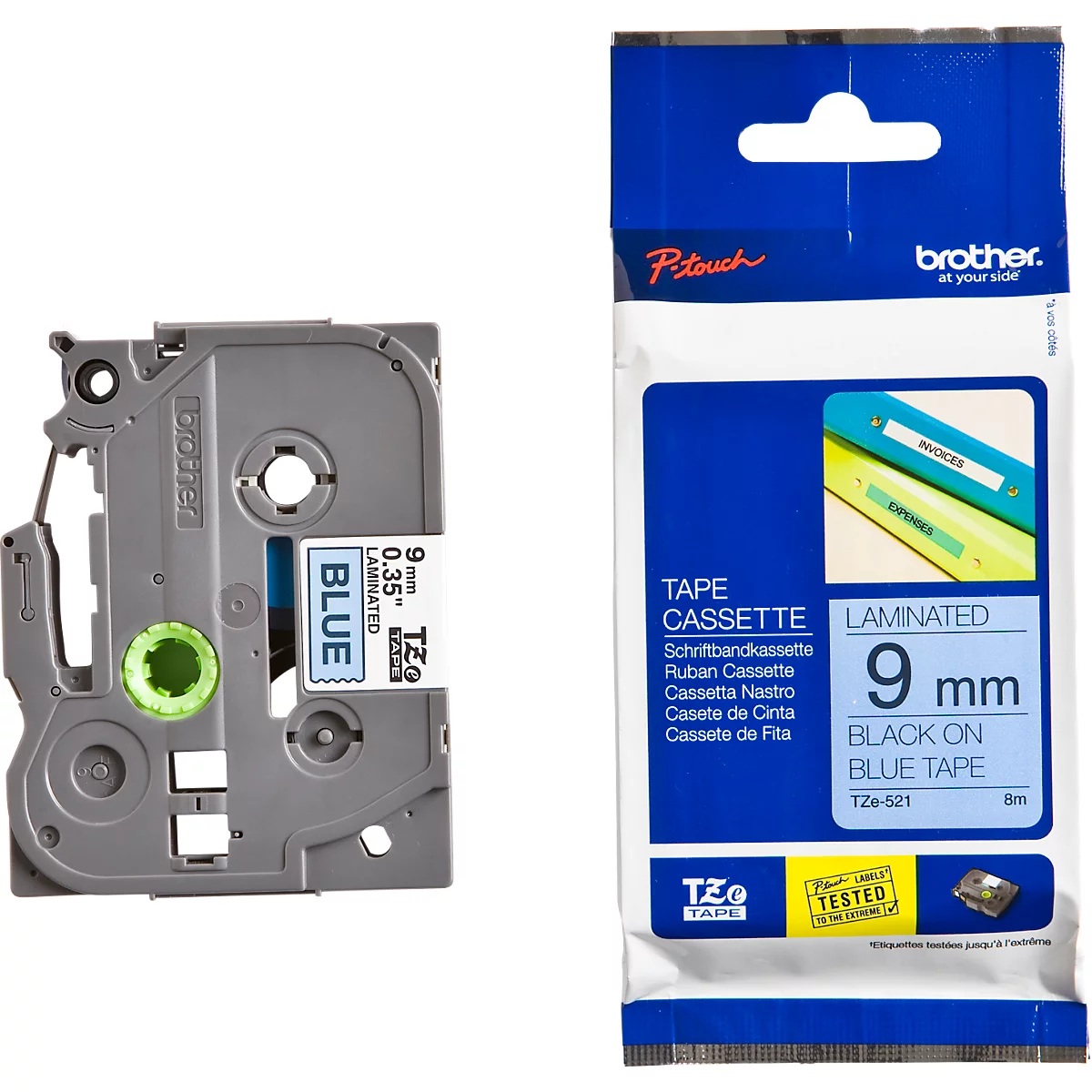 Cassette de ruban pour titreuses TZe-521 Brother, 9 mm de largeur, bleu/noir