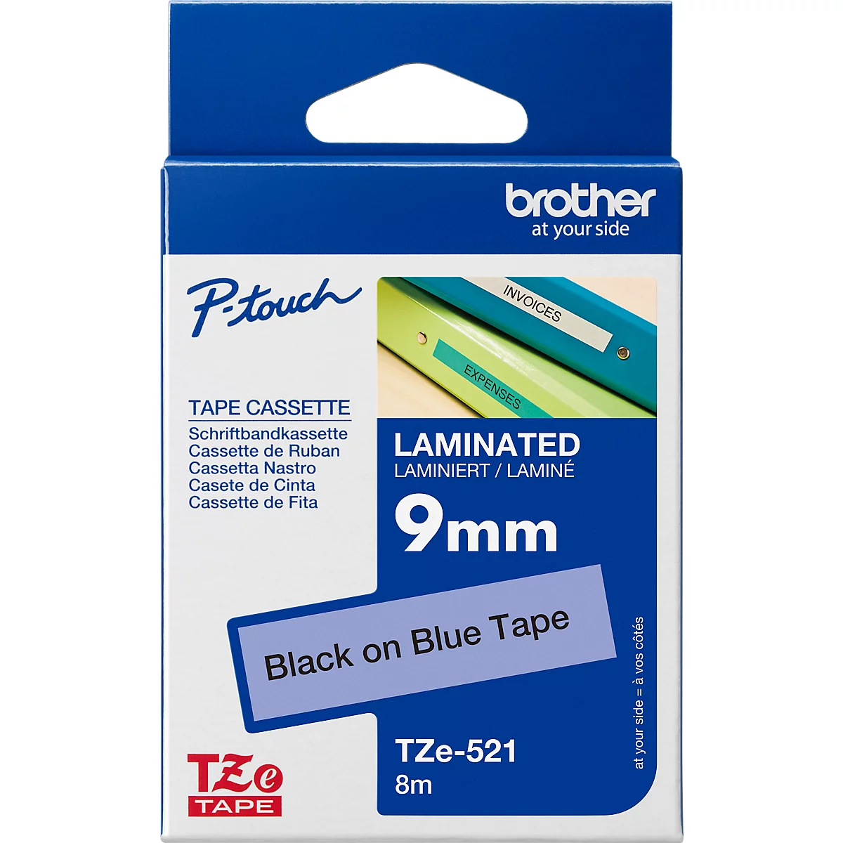 Cassette de ruban pour titreuses TZe-521 Brother, 9 mm de largeur, bleu/noir