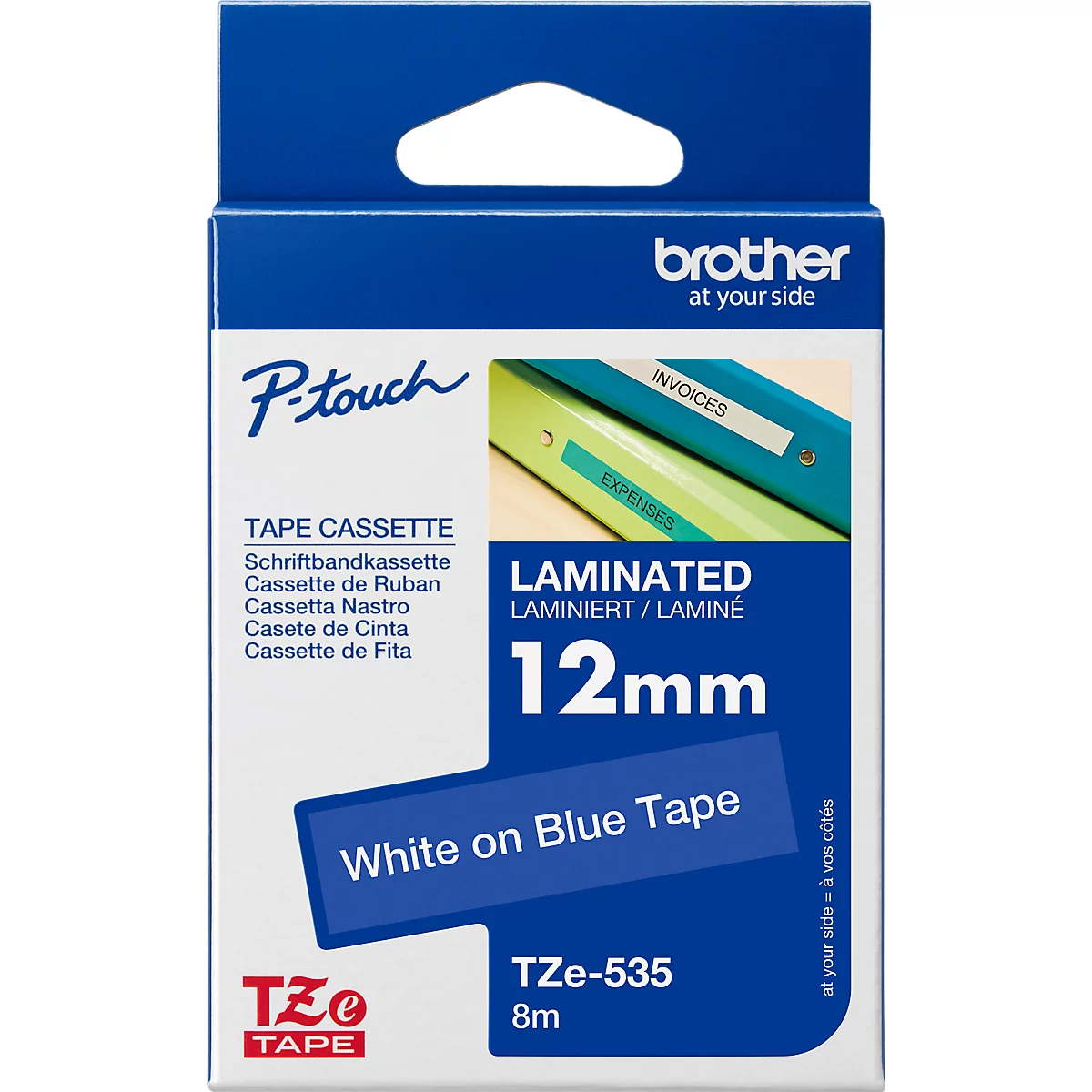 Cassette de ruban pour titreuses TZe-535 Brother, 12 mm de largeur, bleu/blanc