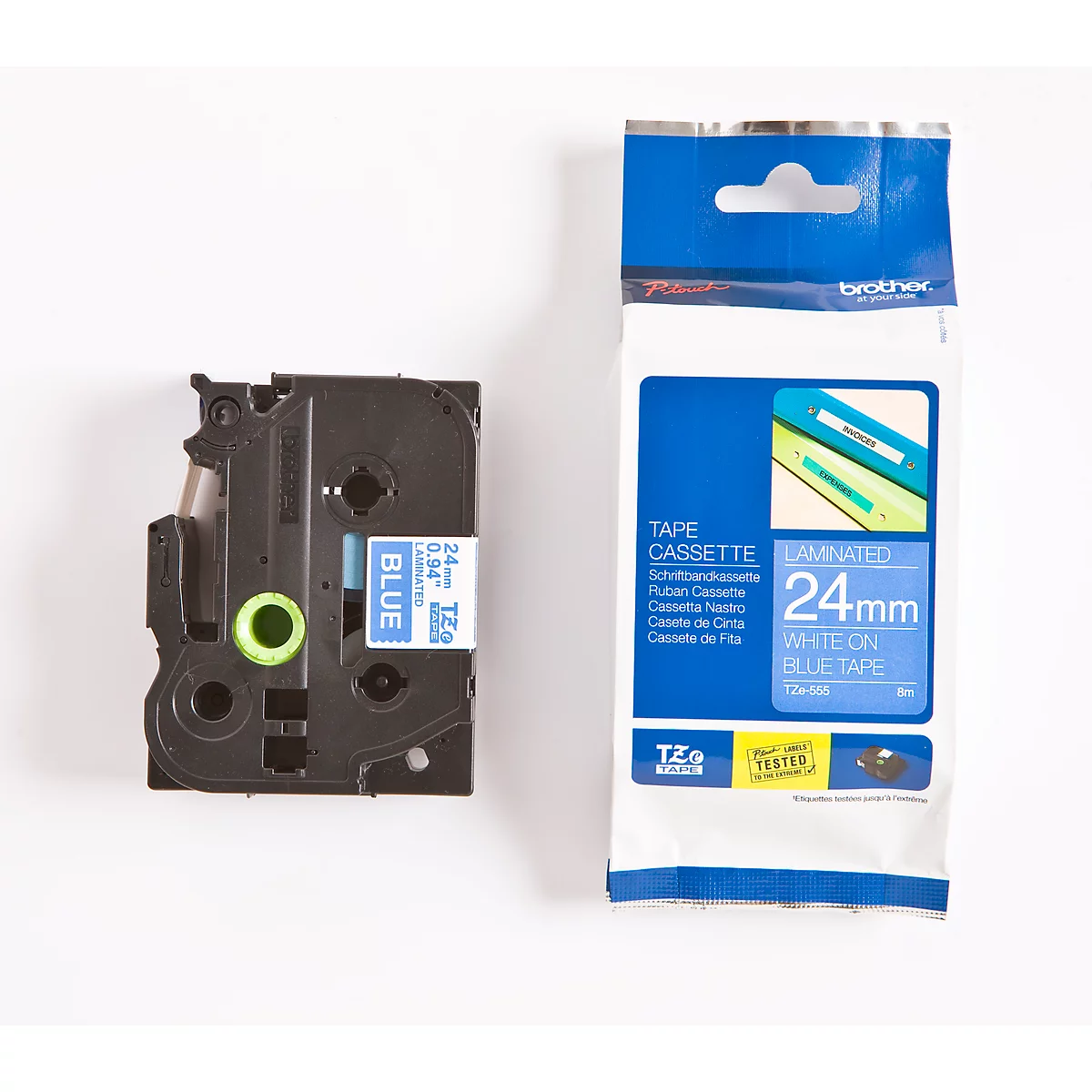 Cassette de ruban pour titreuses TZe-555 Brother, 24 mm, bleu/blanc