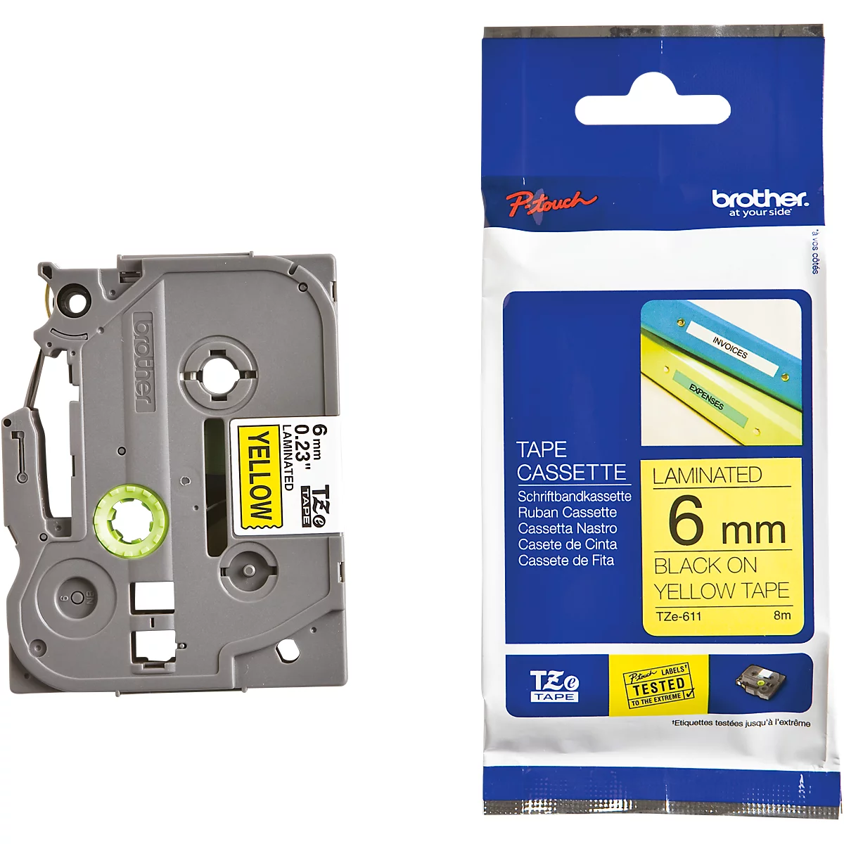 Cassette de ruban pour titreuses TZe-611 Brother, 6 mm de largeur, jaune/noir
