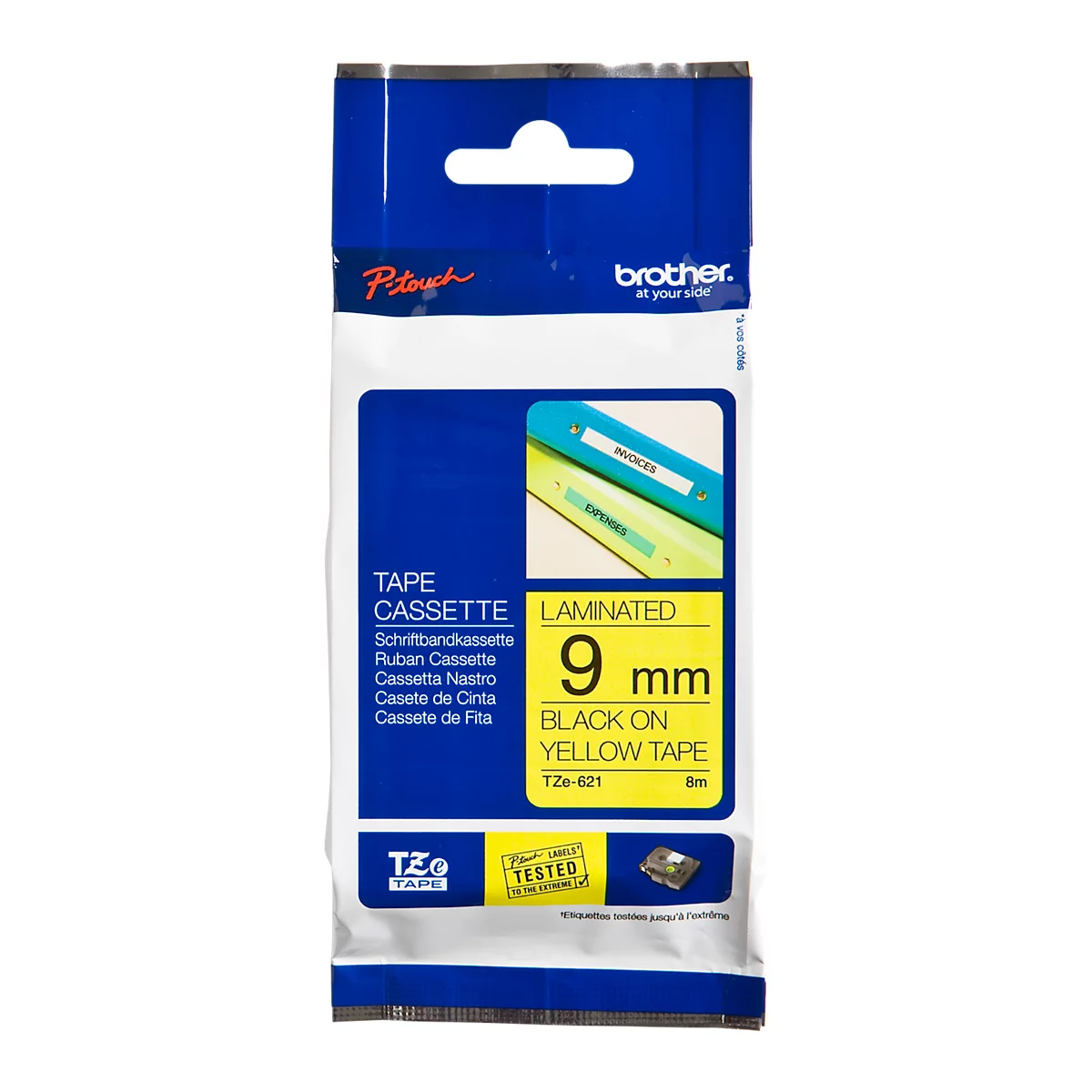 Cassette de ruban pour titreuses TZe-621 Brother, 9 mm de largeur, jaune/noir