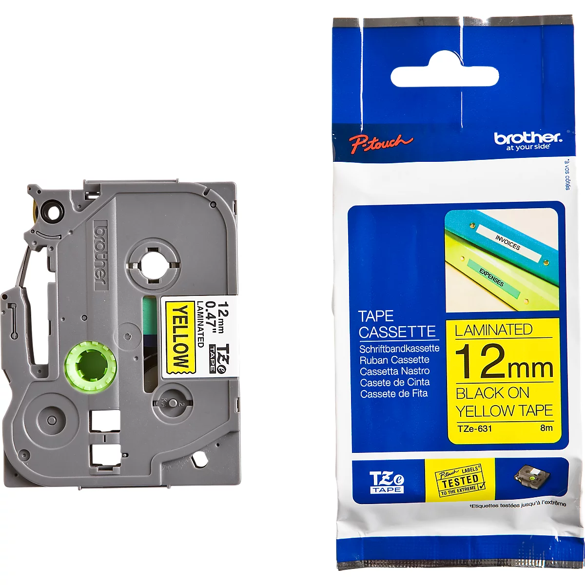 Cassette de ruban pour titreuses TZe-631 Brother, 12 mm de largeur, jaune/noir