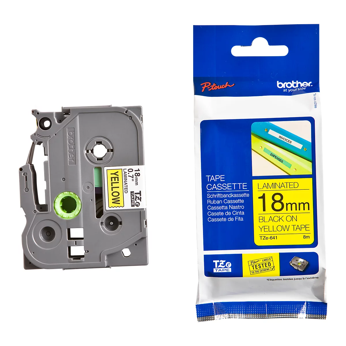 Cassette de ruban pour titreuses TZe-641 Brother, 18 mm de largeur, jaune/noir