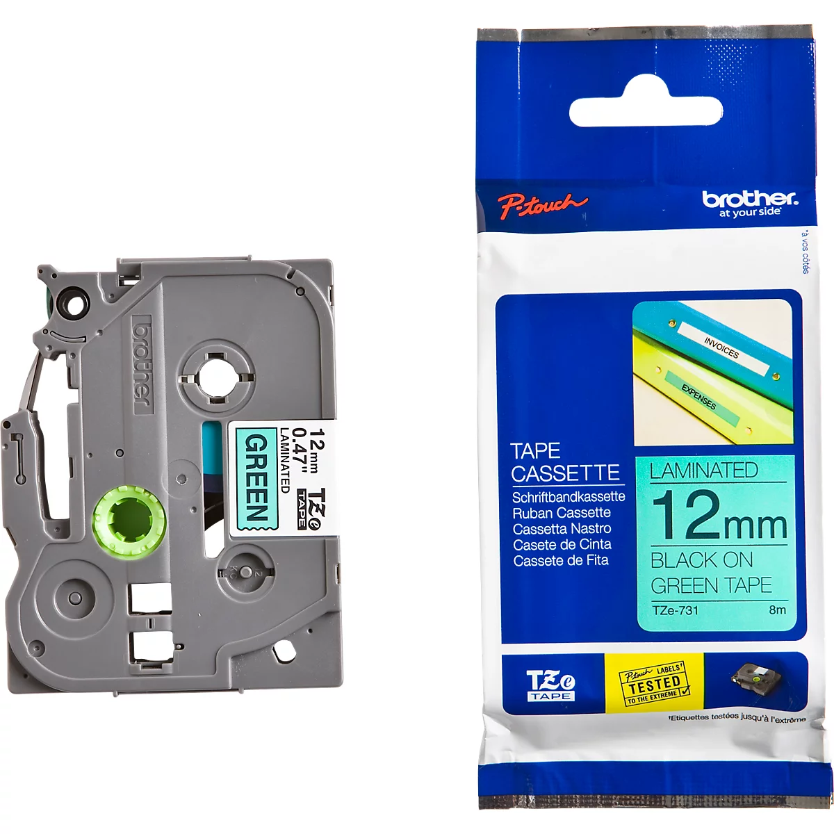 Cassette de ruban pour titreuses TZe-731 Brother, 12 mm de largeur, vert/noir